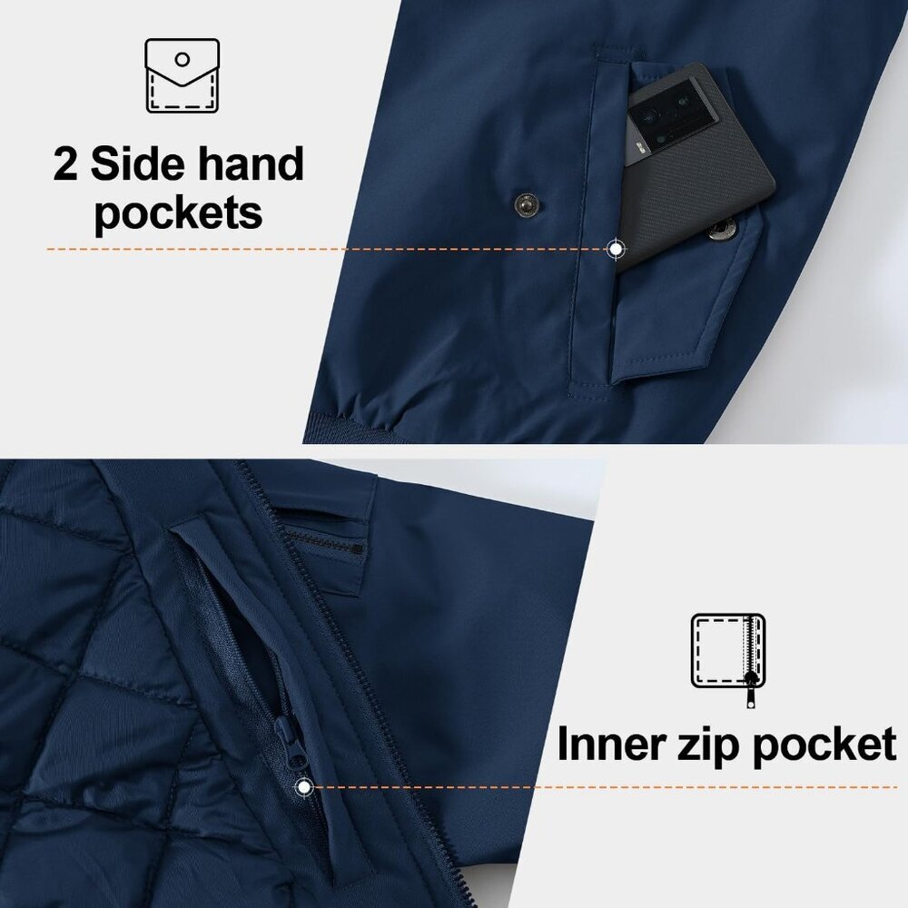Men's Dark Navy Blue Windproof Quilted Bomber Jacket Coats Warm Winter Outwear - Picture 6 of 6